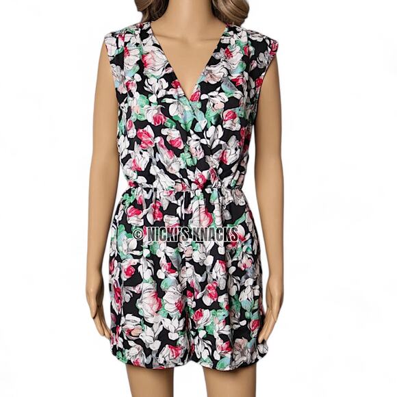 BCBGMaxazria Floral Faux Wrap Romper Black White Pink Green Cap Sleeve Size S - Picture 2 of 11